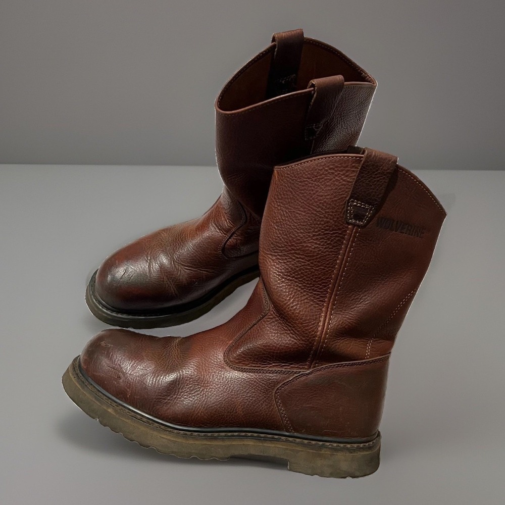 Wolverine Men Brown Leather Steel-Toe Wellington Pull-On Work Boots Size 12 Wide